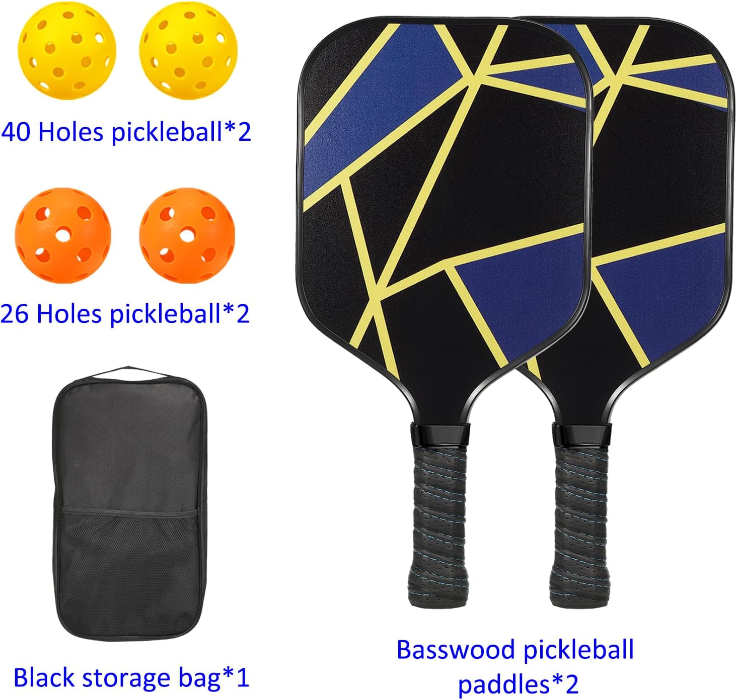 M METERXITY 2 Set Pickleball Paddles, USA Approved Fiberglass Racquets Polypropylene Core with OverGrip, 4 Balls & Carry Bag, Apply to Outdoor Sporting (Black)