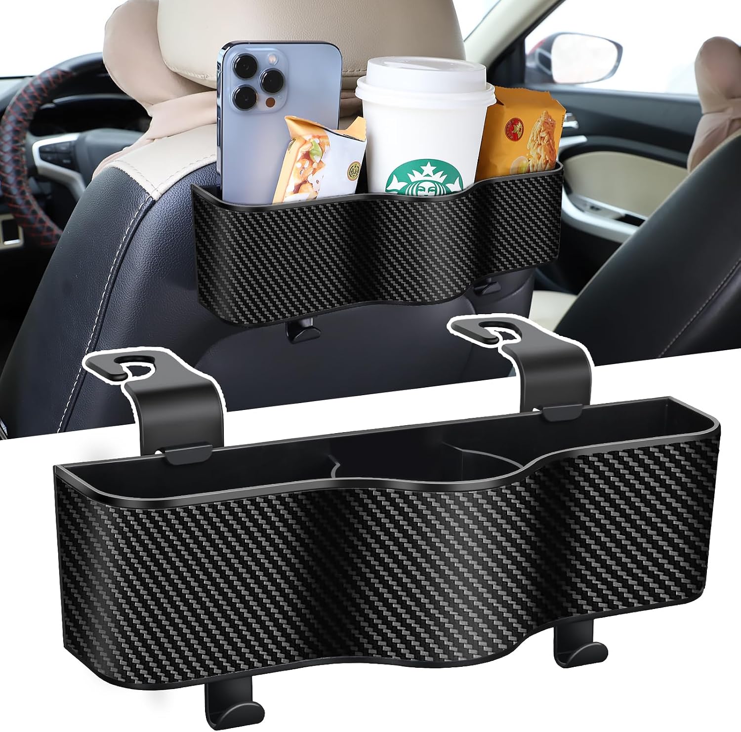 Backseat Car Organizer with Cup Holder - Multifunctional Back Seat Car Organizer with Two Seat Hooks, Fits Most Cars, Can Hold Snacks, Canned Drinks & Phones, Perfect for Travel