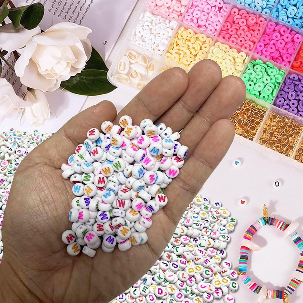500PCS 4x7mm Acrylic Letter Beads W for Friendship Bracelets Jewelry Making White Flat Round Acrylic with Colourful Alphabet Beads for DIY Crafts Bracelets Necklaces Key Chains Phone Lanyard - Image 3
