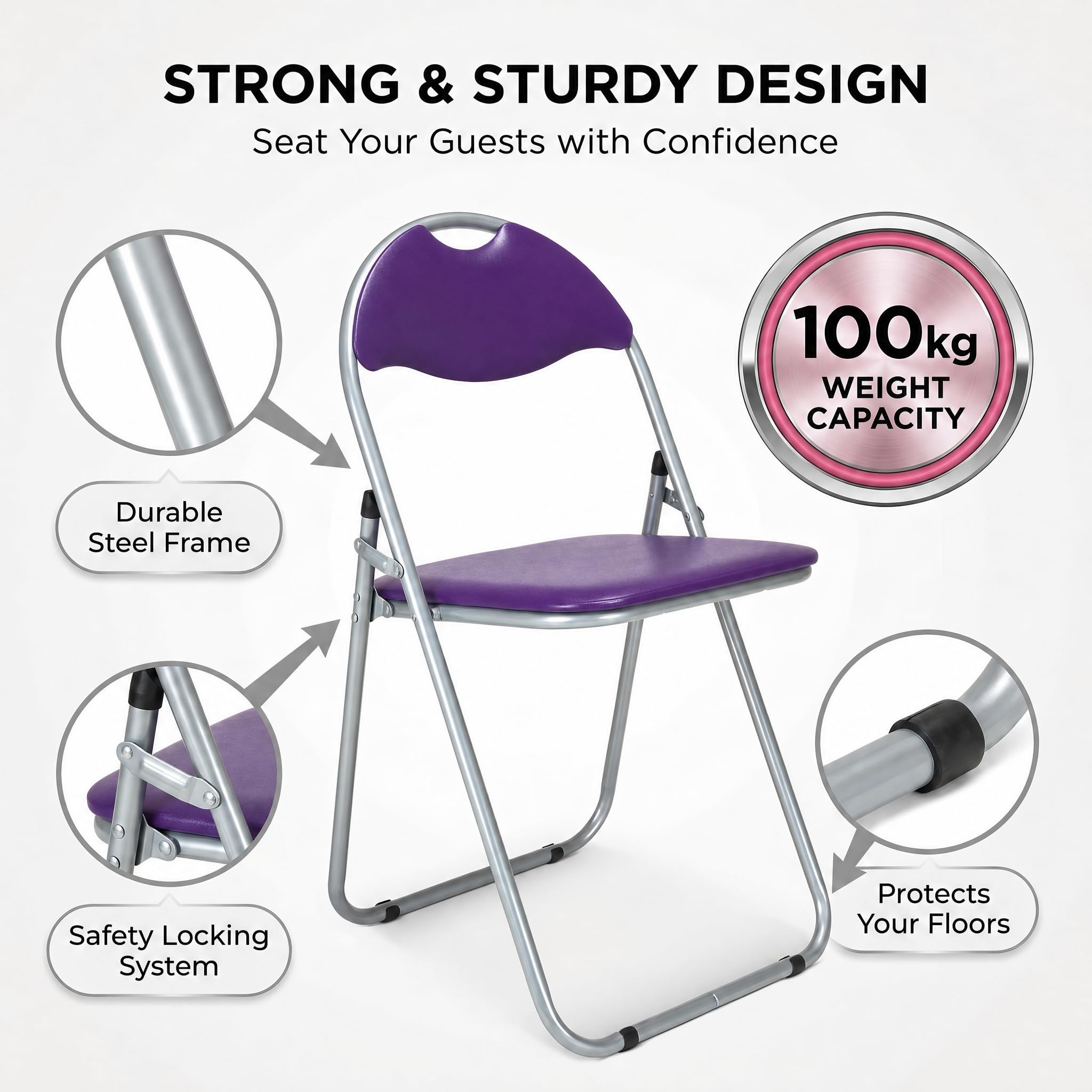 Bravich Candy Folding Chair, Padded Foldable Dining Chair with Steel Frame, Holds 100kg - Image 4