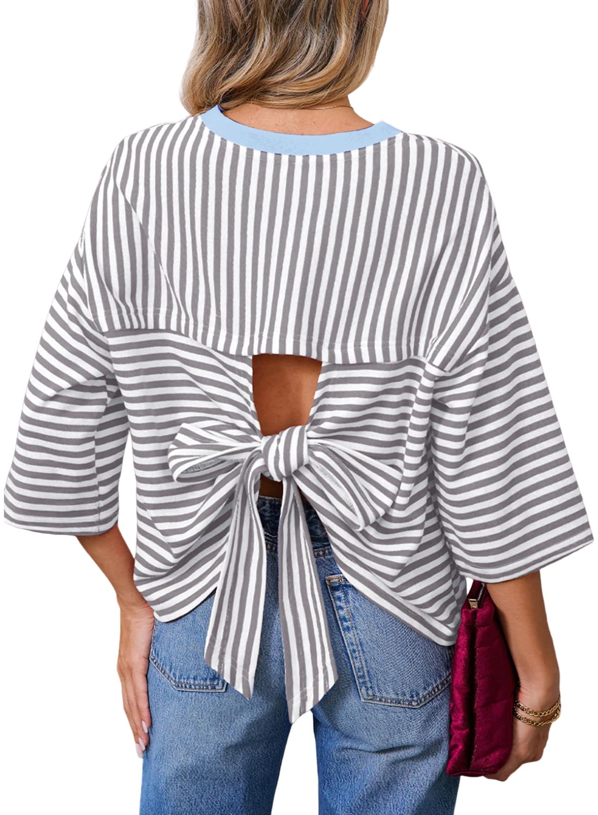 Dokotoo Womens Tops 2026 Striped Tie Back Short Sleeve T Shirts Crewneck Casual Loose Basic Tee Summer Outfits — view 12