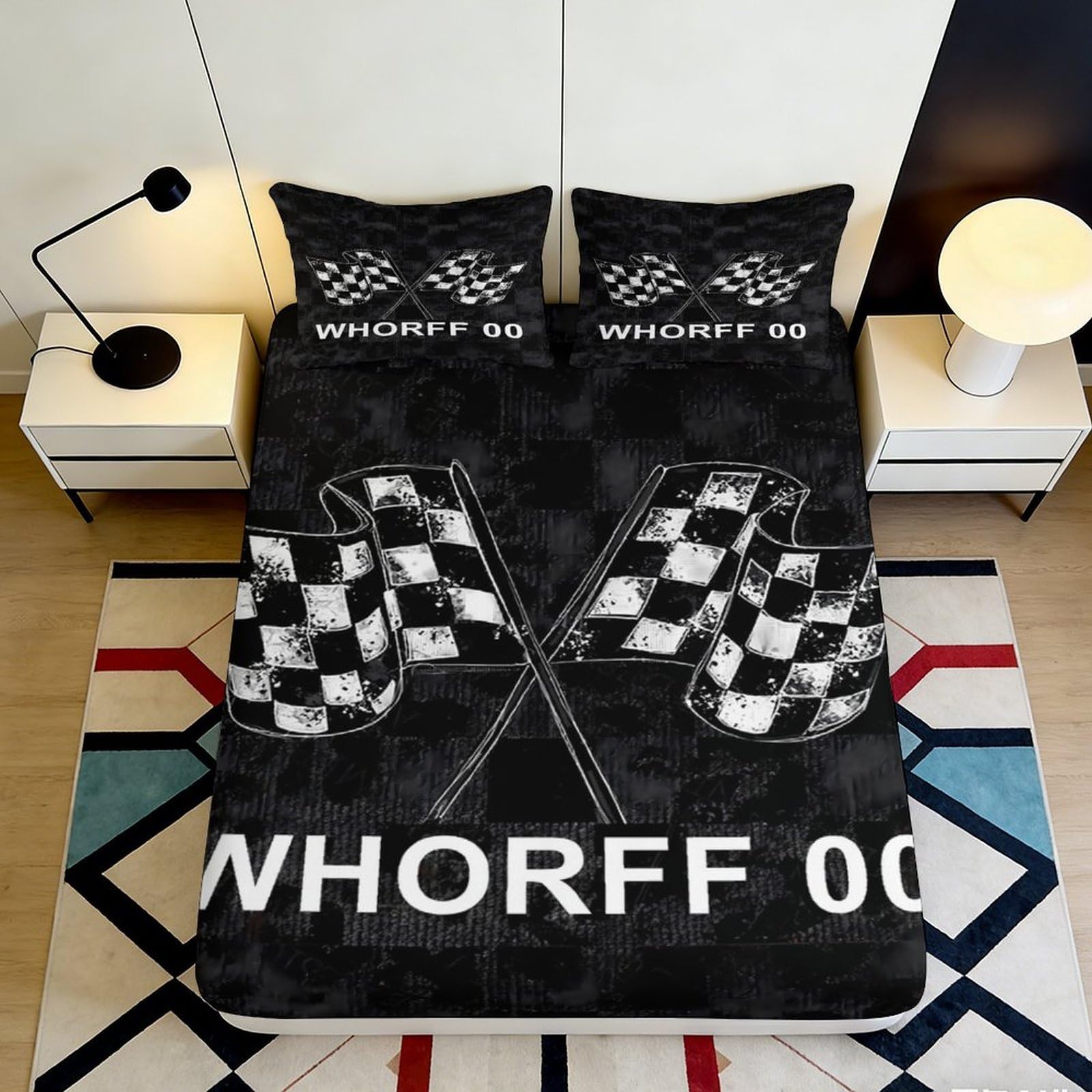 Uxinyoume Style-9 3D Printed Racing Flag Fitted Sheet Microfiber Soft Black Checkered Bed Cover For Bedroom Guest Room Decor 90X200x25cm