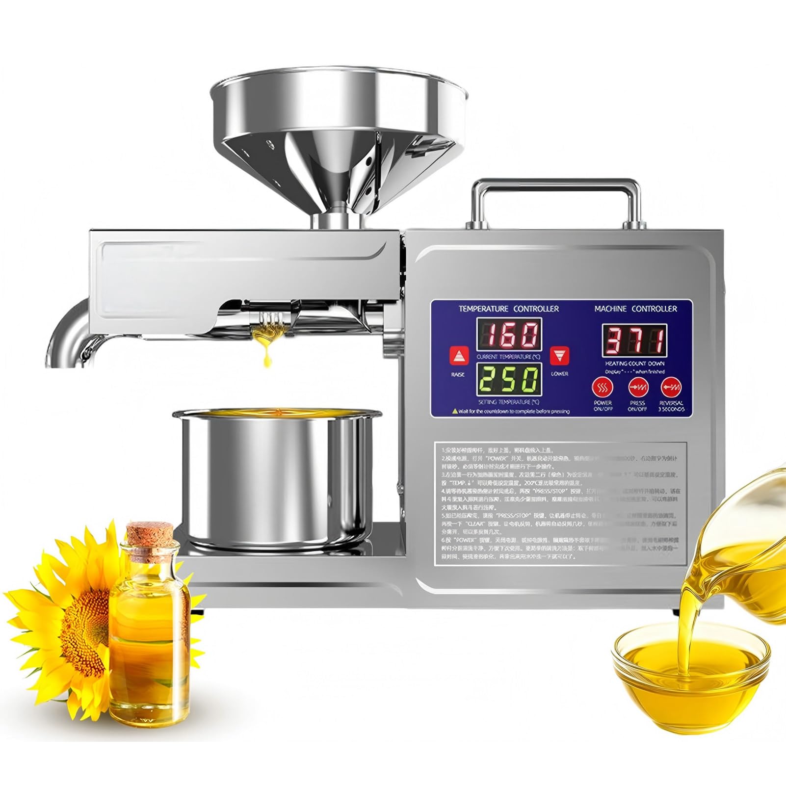 PweKzxt Professional 800W Oil Press Machine, Electric Hot/Cold Press,Commercial Oil Press Machine,Automatic Oil Press Machine, Food Grade 304 Stainless Steel, for Grain Corn