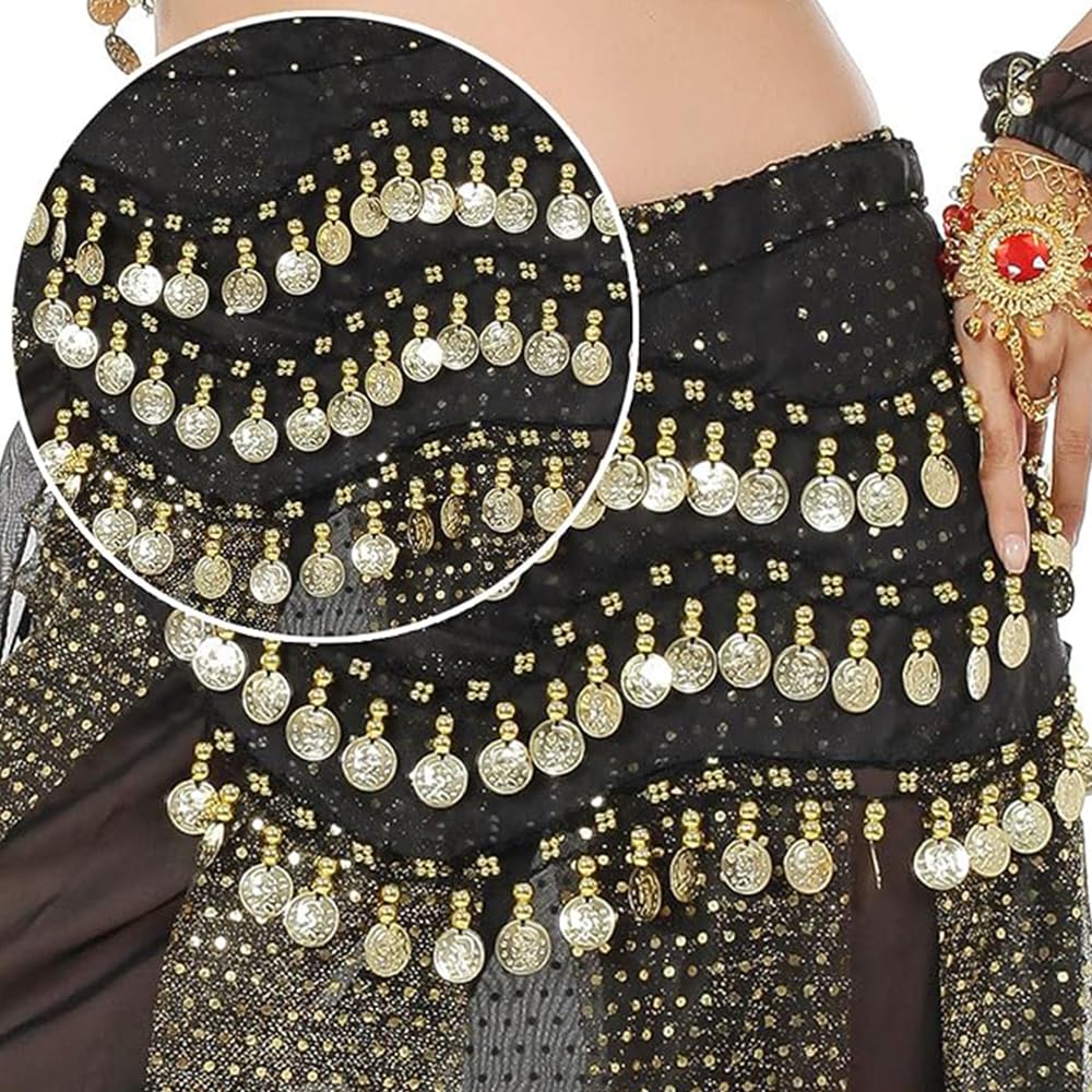 7 Pièces Ensemble d'Accessoires de Danse du Ventre pour Danse du Ventre, Écharpe, Boucles d'Oreilles Or, Collier, Bracelets et Coiffe, Spectacle Scène