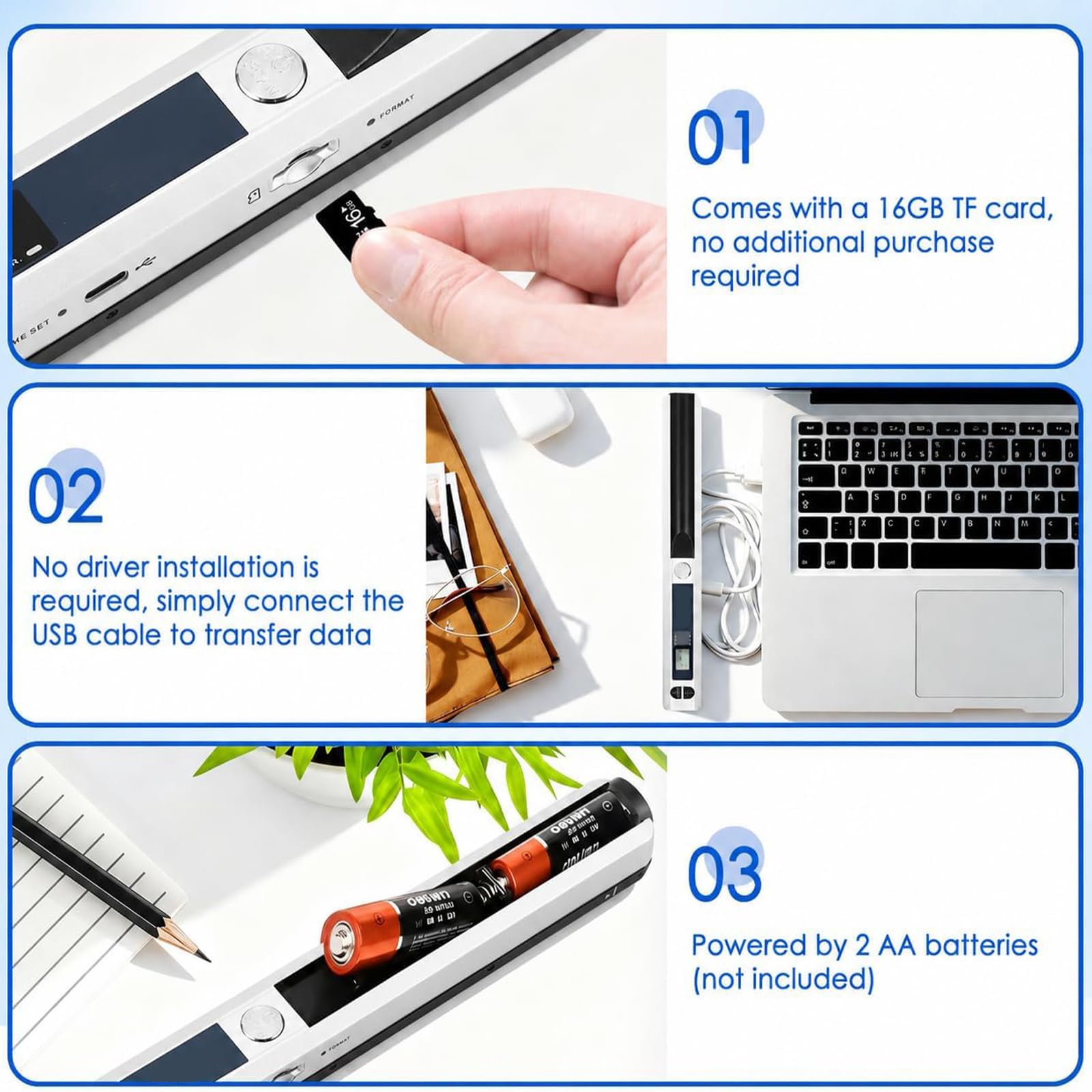 Scanner de Documents Portable, Mini Scanner de Photos Portable 900 DPI, Baguette de numérisation Couleur A4 Haute Vitesse, Scanner Portable Rechargeable par USB, Comprend Une Carte SD 16 Go (Argent)