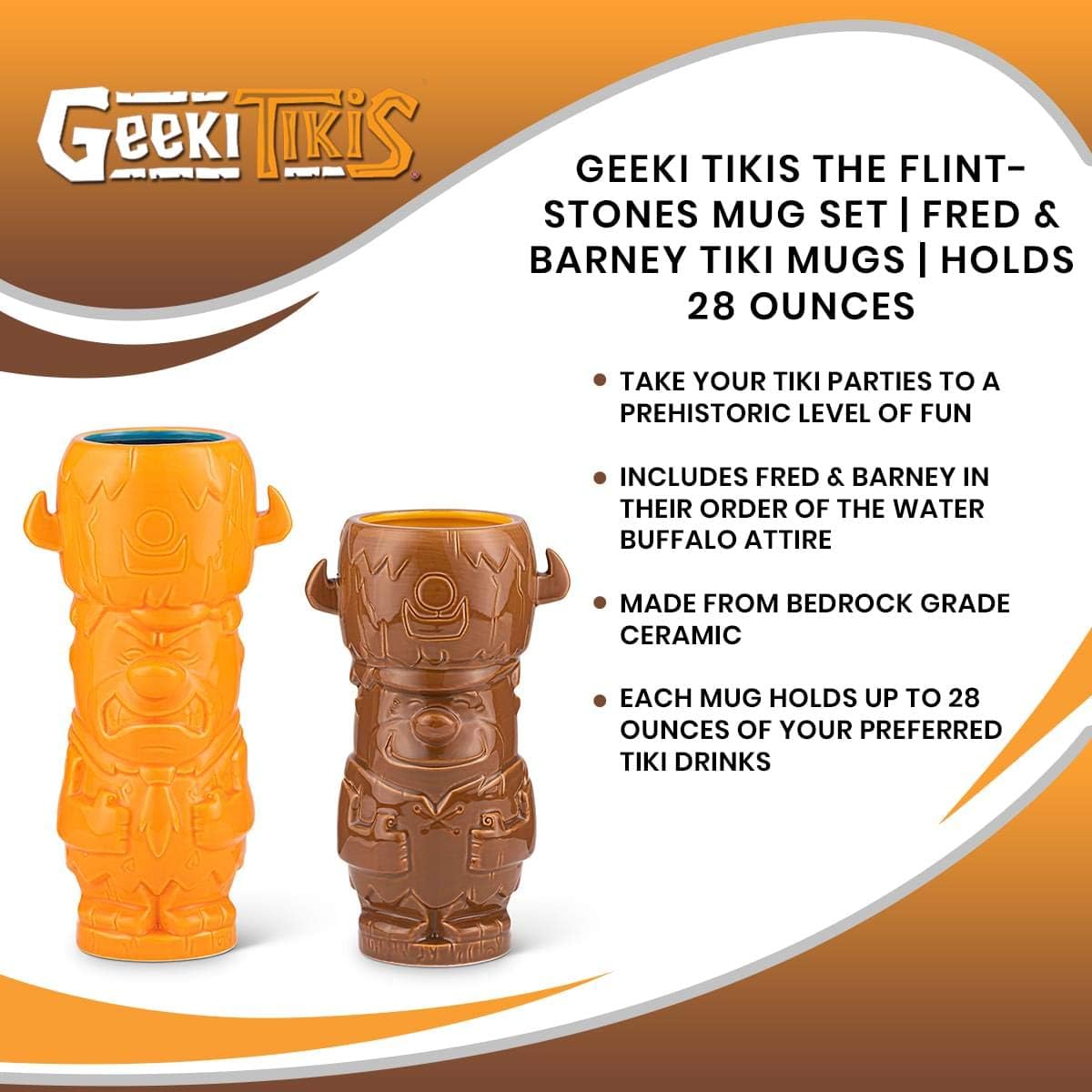 Geeki Tikis The Flintstones Tiki Mug Set | Fred Flintstone & Barney Rubble Tiki Mugs | Official Flintstones Collectible Tiki Style Ceramic Cups | Each Mug Holds 28 Ounces