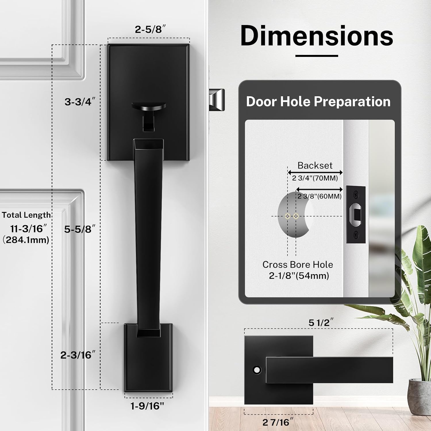 Brightify Black Front Door Handle, Modern Exterior Door Handle with Passage Lever, Front Entry Door Handle No Lock, Reversible for Left & Right Hand Door, Lower Half Grip
