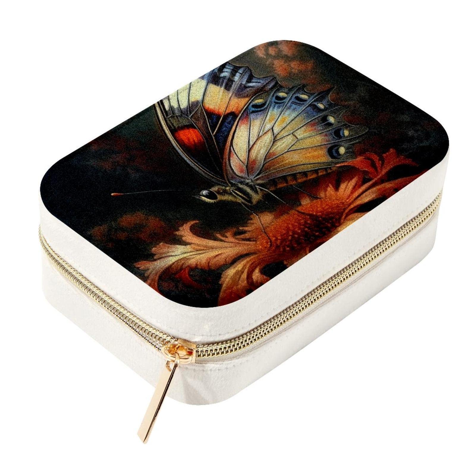 Caja de almacenamiento de joyas de terciopelo con mariposa y cremallera de metal para viaje