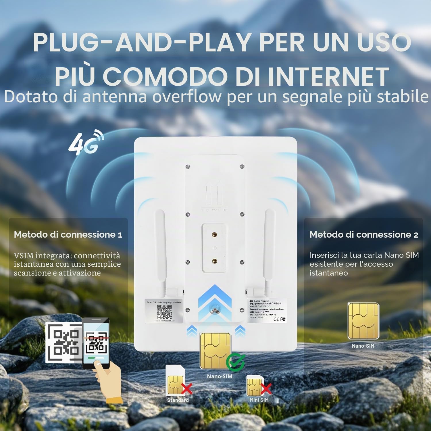 Router Solare 4G LTE Hotspot WiFi 2.4Ghz Punto di Accesso Wireless VSIM e Slot per Scheda SIM Batteria Integrata da 26000mAh IP66 Impermeabile per Esterni per Telecamera di Sicurezza