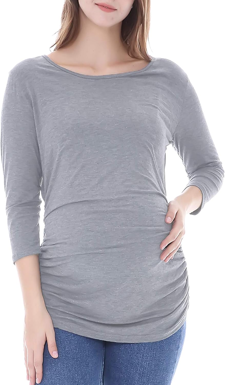 Smallshow Women's Maternity Tunic Tops Clothes 3/4 Sleeve Ruched Pregnancy Shirt - Image 4