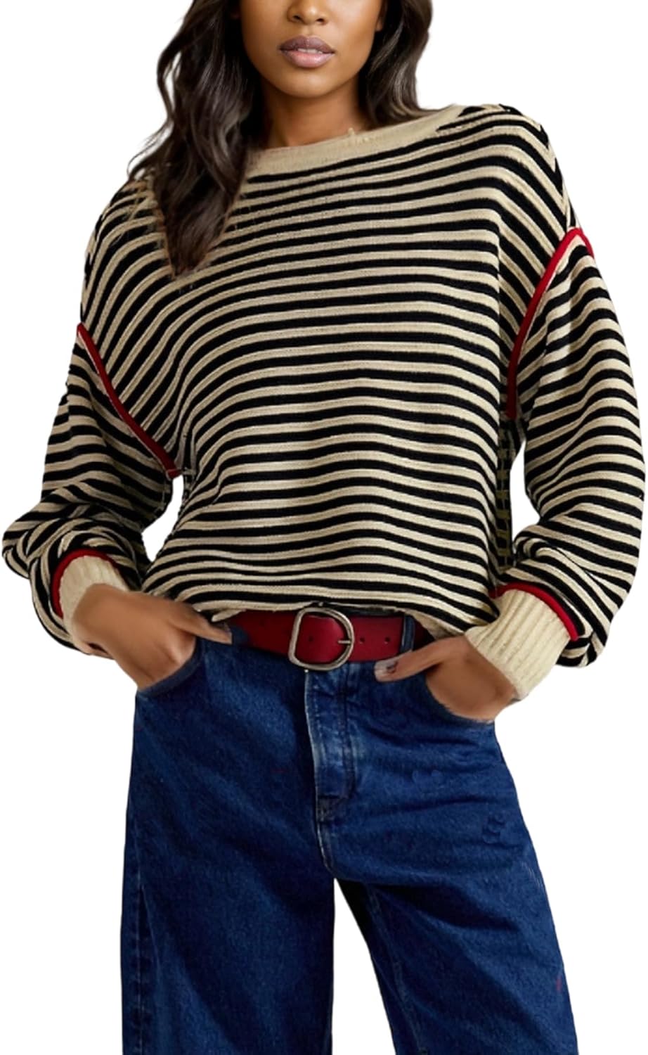 Vakkest Fall Long Sleeve Sweaters for Women Casual Striped Color Block Pullover Tops 2026 Knit Crewneck Shirts - Image 2