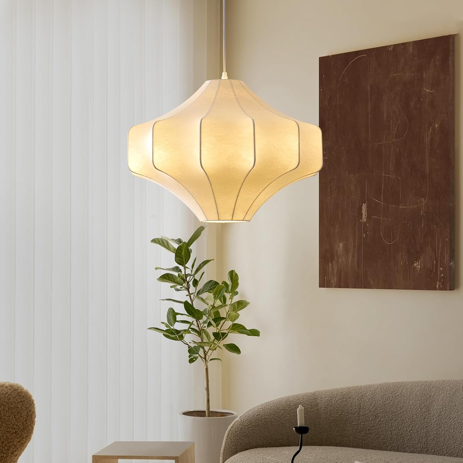 Wabi sabi Pendant Light 23.62 In Geometric Diamond Chandelier Light Fixture, Ceiling Adjustable Hanging Lamp With White Silk-like Shade, Suitable For Living Room, Tearoom, Kitchen Island, Foyer.