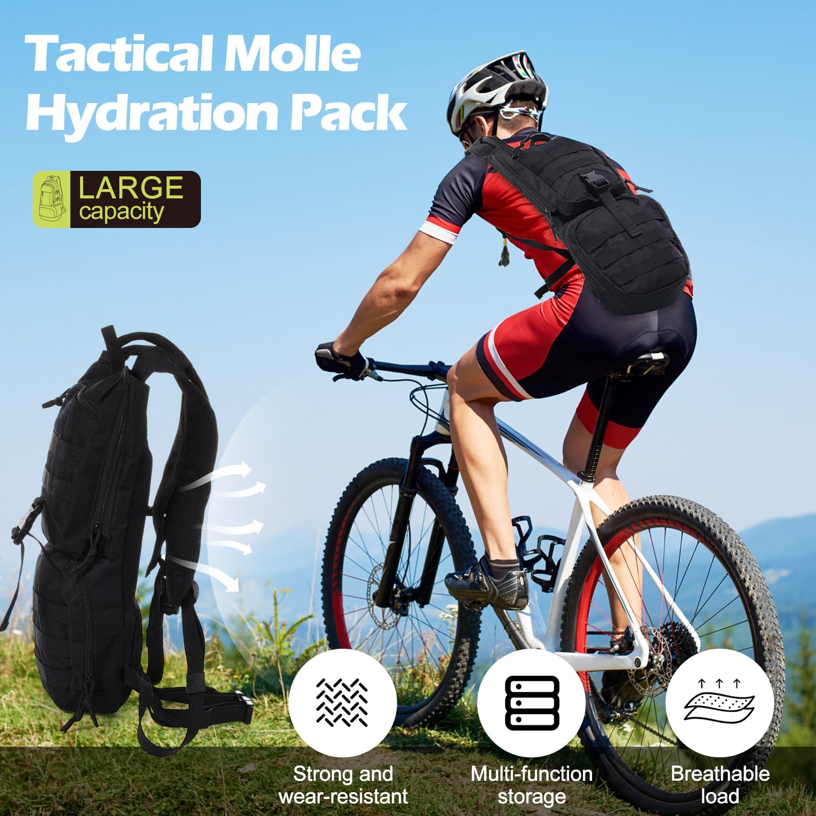 Liliful 1 Pcs Tactical Hydration Backpack with 3l TPU Water Bladder Tactical Molle Water Backpack Hydration Pack for Men Women Hiking Biking Running Climbing(Black)