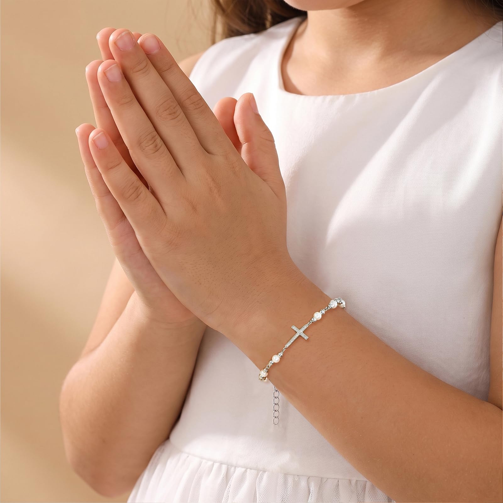 E Kreuz Armband Kinder Mädchen Silber 925 Perlen Taufarmband Verstellbare, Geburtstag Tauf Erstkommunion Konfirmation Geschenk für Mädchen Kinder