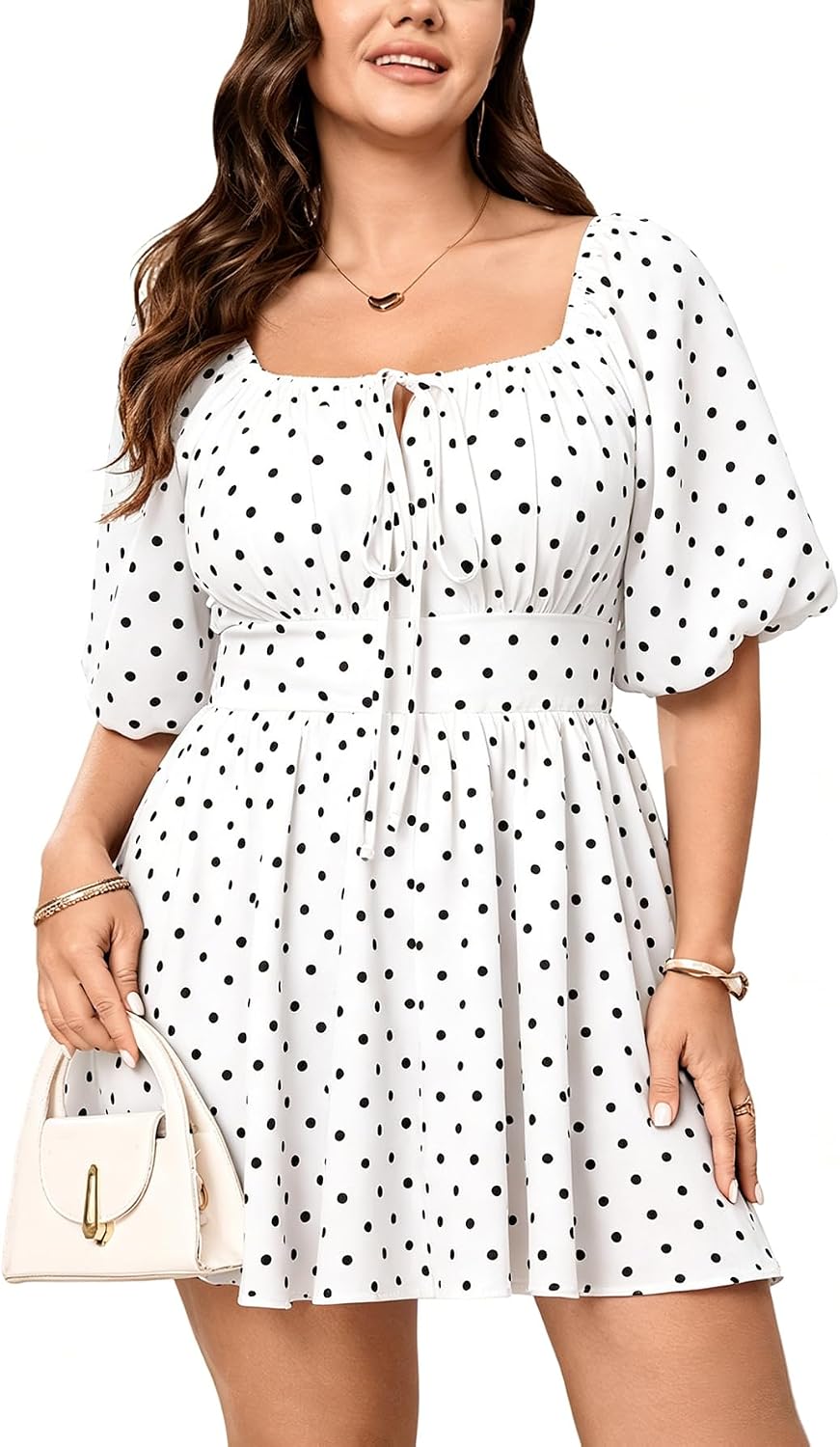 SCOMCHIC Women Plus Size Rompers Summer Casual Polka Dot Puff Sleeve High Waist Loose Shorts Jumpsuit Cute Playsuit