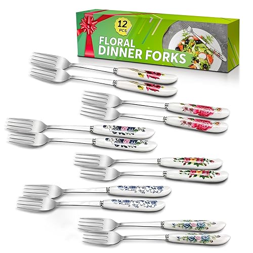 Juego de cubiertos de 12 tenedores de acero inoxidable Tenedores reutilizables para restaurante de cerámica de mango largo Tenedores de cerámica