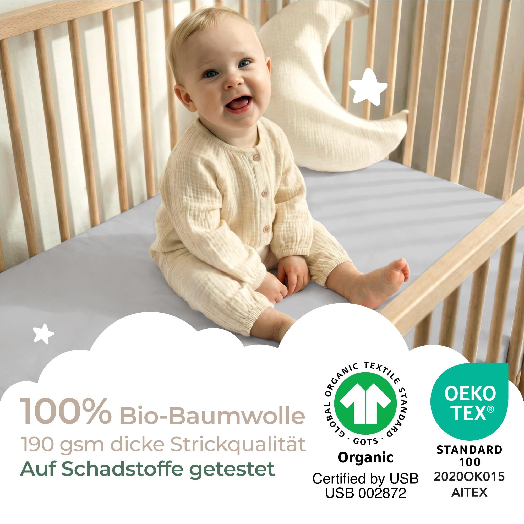 Dreamzie - Baby Spannbettlaken 51x85 cm, 2er-Set, GOTS Bio-Baumwolle Jersey, für Beistellbett und Tutti Bambini CoZee, Grau