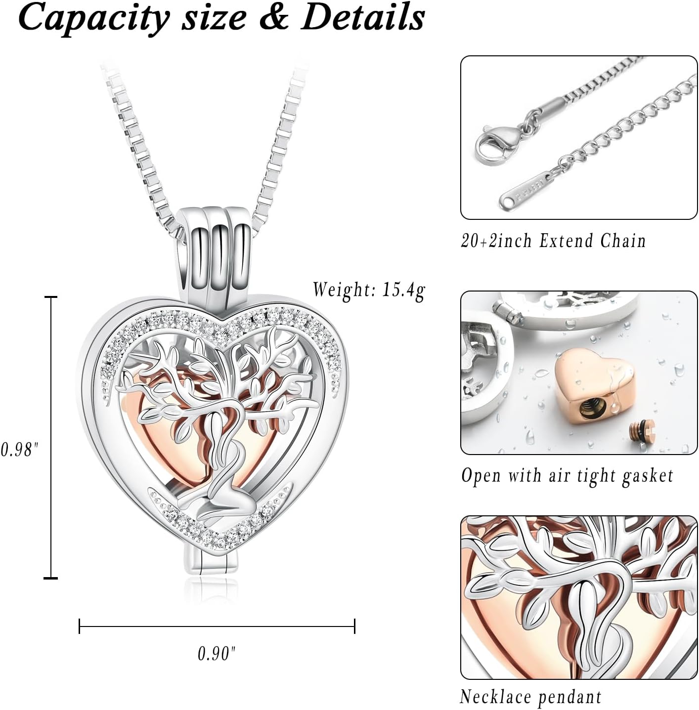 XSMZB Cremation Urn Necklace for Ashes of Loved One Tree of Life Heart Memorial Ash Pendant Funeral Keepsake Jewelry for Women - Image 2