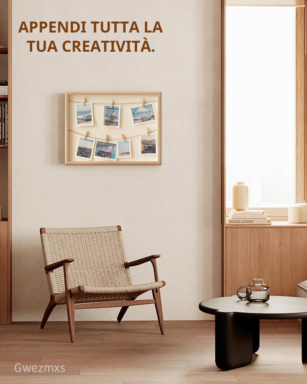 Portafoto con Mollette, Porta Foto, Appendi Foto con Mollette, Portafoto da Parete, 7 Clip, Legno, 42x32cm