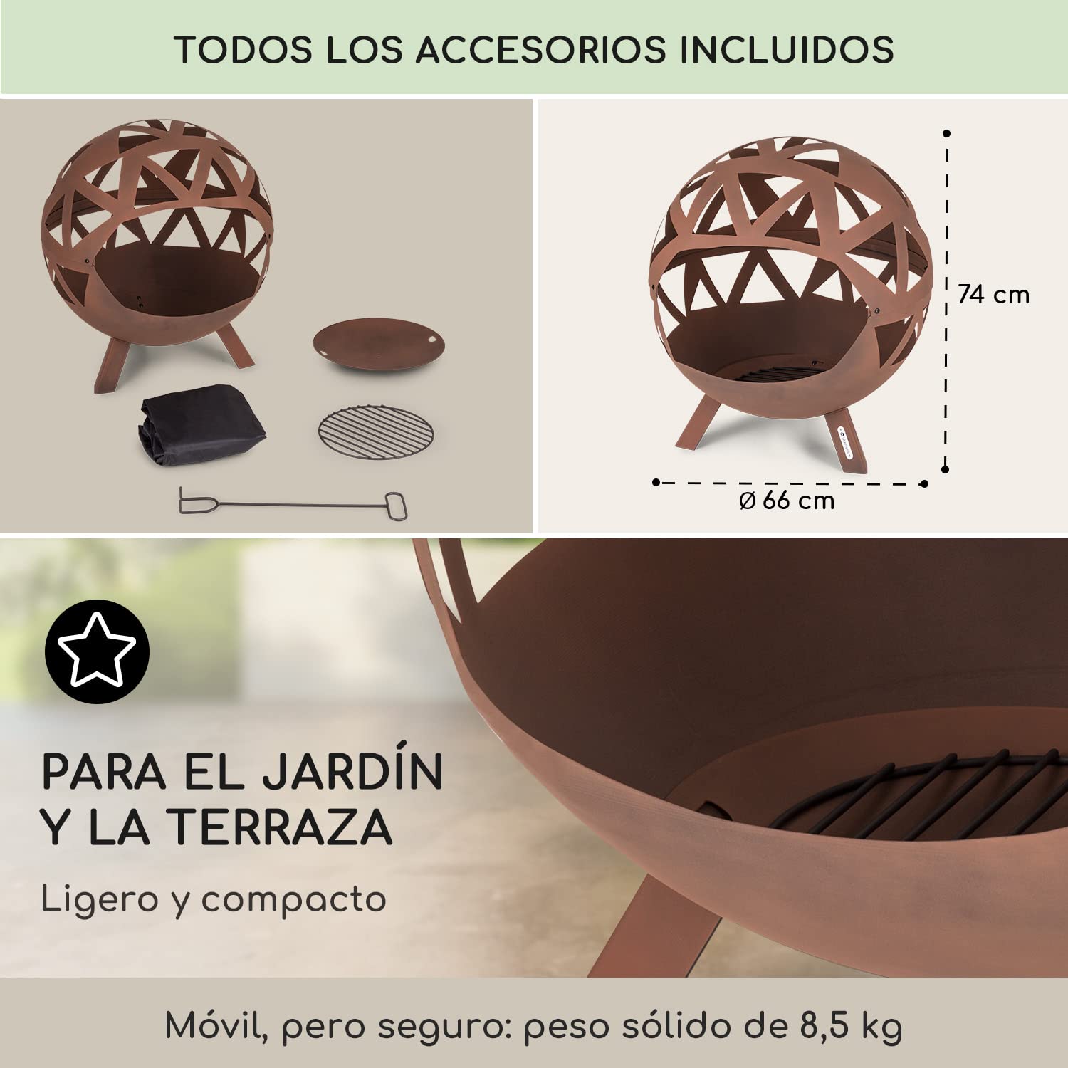 Blumfeldt Brasero Exterior, Estufas de Leña para Jardín con Grill y Stand, Estufa Exterior para Usarla en Jardín, Terraza, Patio y BBQ, Quemador de Leña de Acero y Muy Resistente Circular