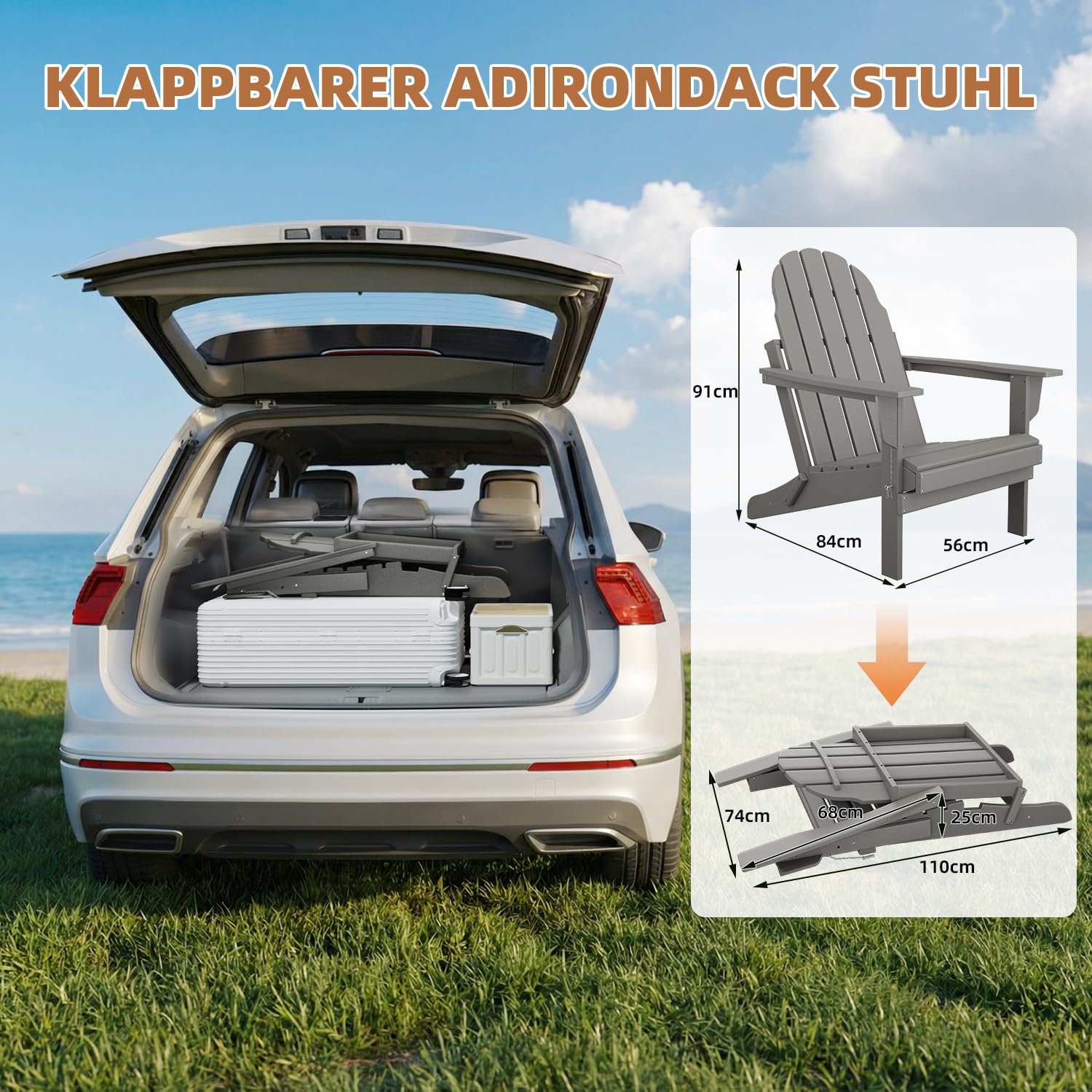 Mdeam Adirondack Stuhl Klappbar, Gartenstuhl mit Rückenlehne & Armlehnen für Garten Terrasse, Adirondack Chair Wetterfestes HDPE, Grau