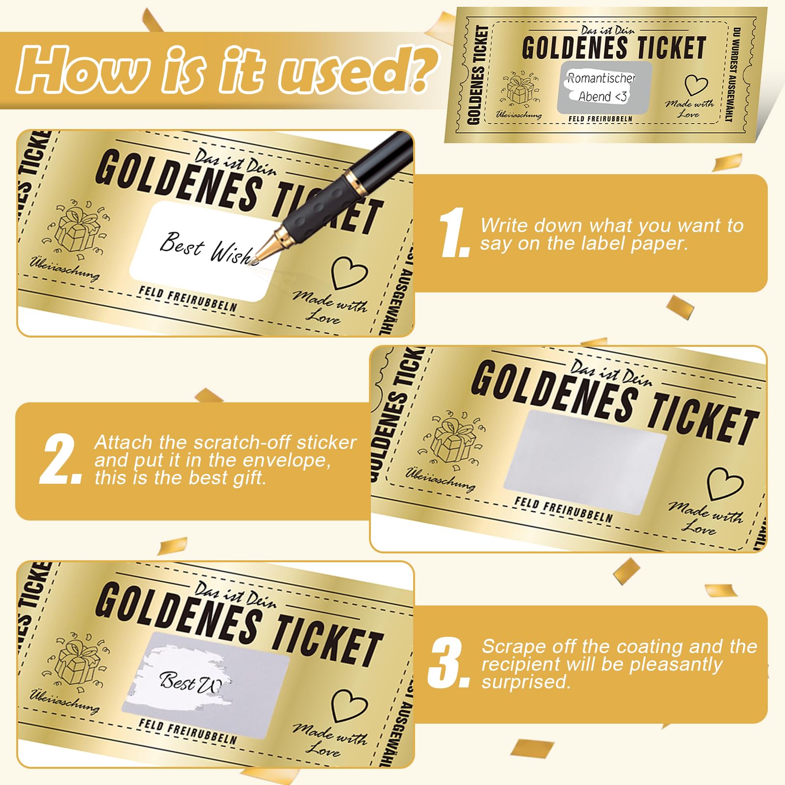 Mumjooyi 7 pcs Golden Ticket Tarjeta Rasca Cumpleaños con Sobres Tarjeta de Rascar Regalo pareja Romántico Billete Dorado para Rascar Tarjeta Golden Ticket