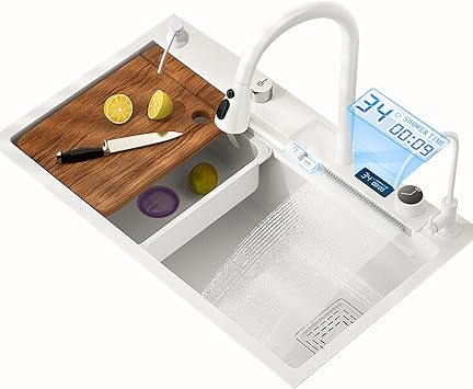 White Digital Display Kitchen Sink Waterfall Sink Workstation Sink 304 Stainless Steel Sink with One-Click Drainage1