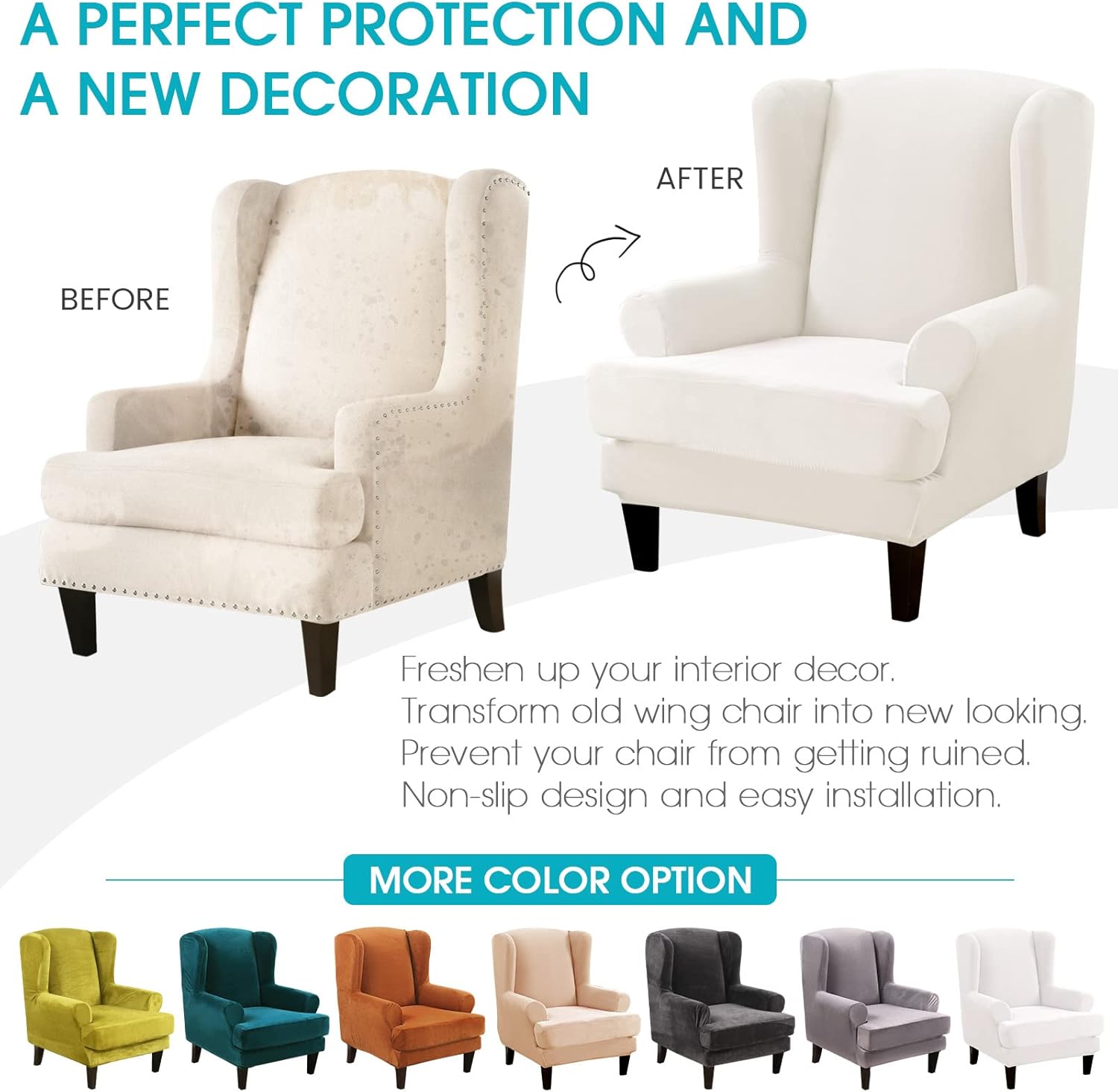 TOPCHANCES Wingback Chair Cover Slipcover,2-Piece Stretch Velvet Plush Wing Back Slipcover Wingback Armchair Chair Cover with Elastic Bottom for Wingback Chairs Armchairs