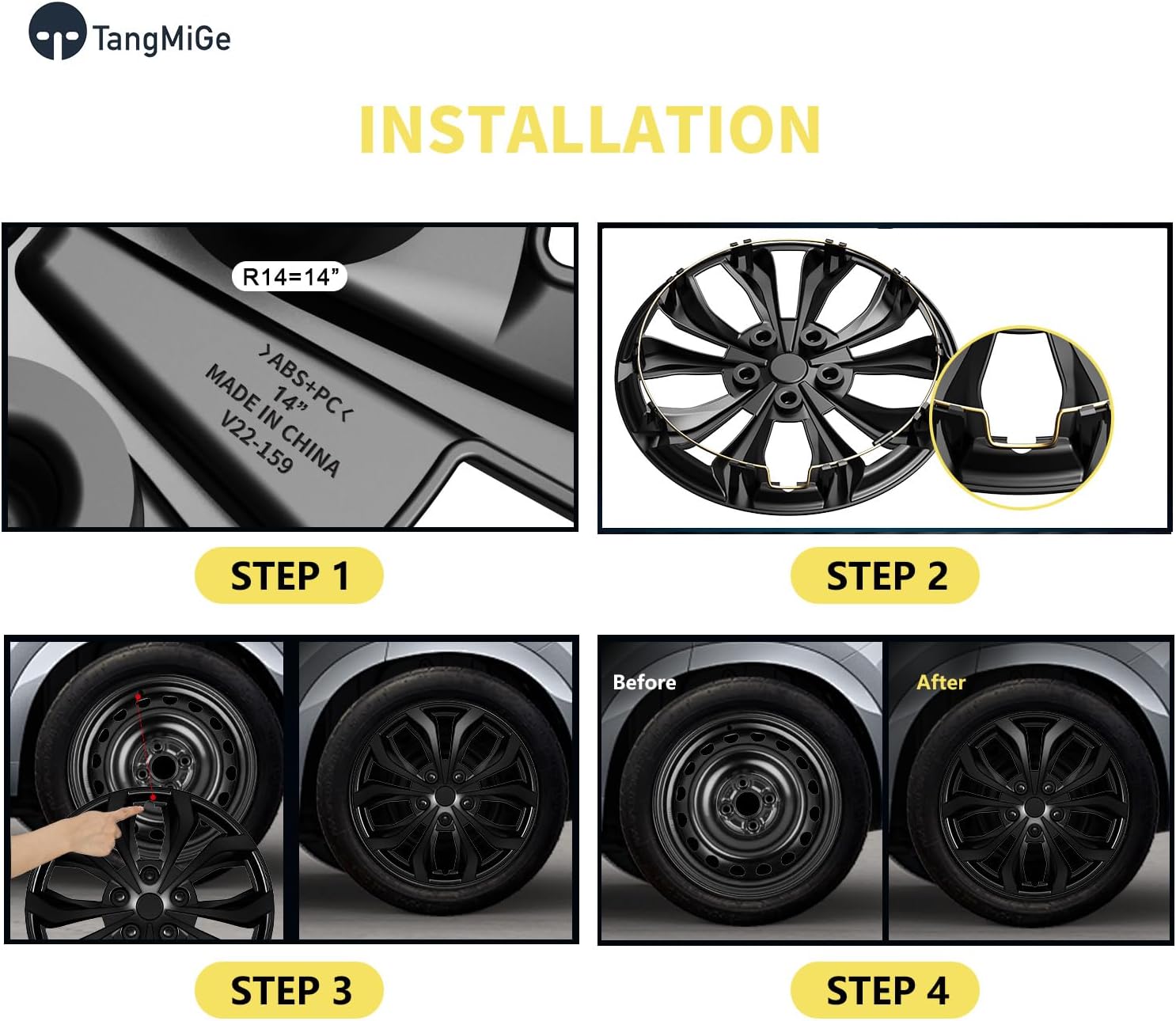 tangmige 4-pack universal hubcaps wheel covers replacement r1, steel wheel rim cover for most cars trucks sedans suv, 14" 14 in hub caps (bright black color, 14 inch) bright black color 14 inch