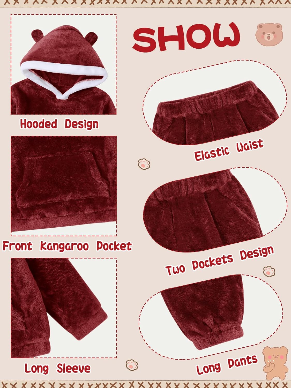 WISREMT Toddler Fleece Tracksuit Sets Girls Boys Christmas Fuzzy Sweatsuit Winter 2 Piece Outfit Warm Sweatshirt Jogger Pants