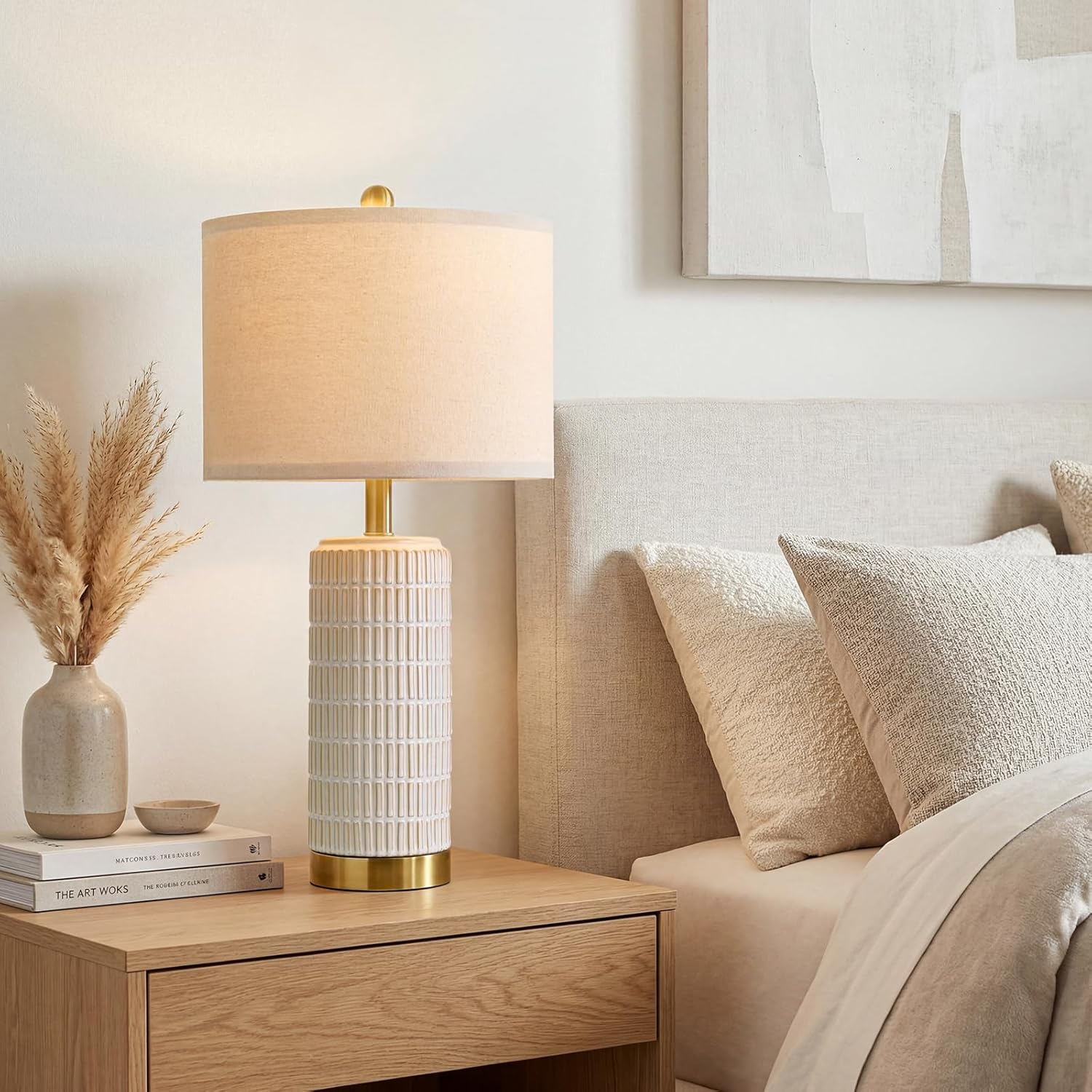 PoKat 25'' Modern Table Lamps Set of 2 for Living Room with Gold Base, White Farmhouse Bedside Lamps for Bedroom, Nightstand Lamps for Office End Table Hallway Home Decor Gift, Beige and White