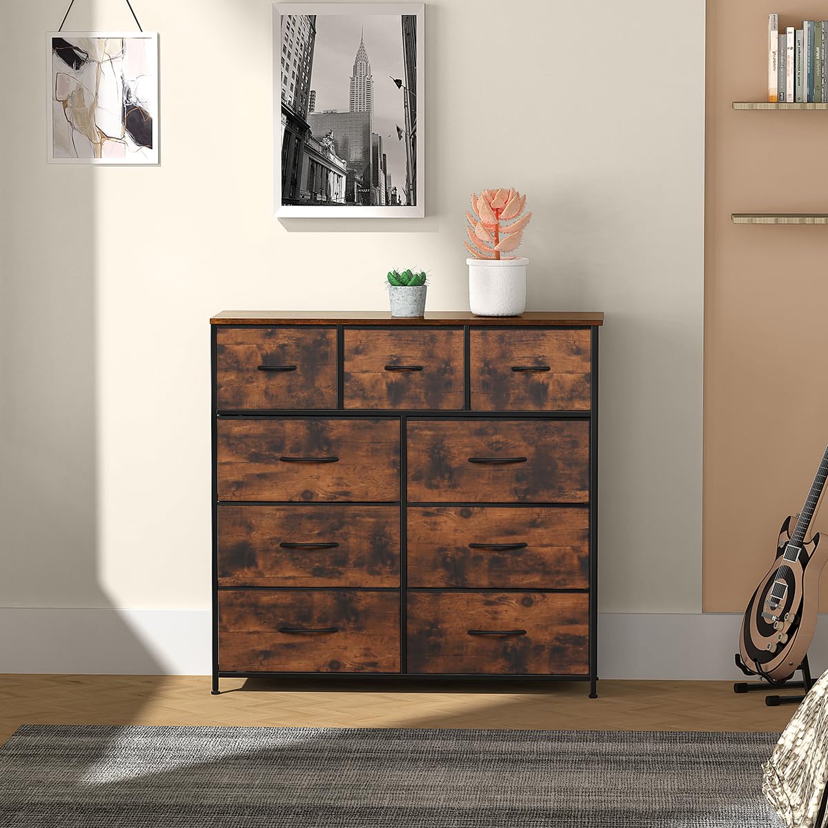 Lifetime Home 9-Drawer Fabric Dresser Storage for Bedroom, Closet, Hallway, Nursery, Chest Organizer with Fabric Bins - Easy to Pull Handle, Steel Frame, Wooden Top - Rustic Brown Drawers & Brown Top