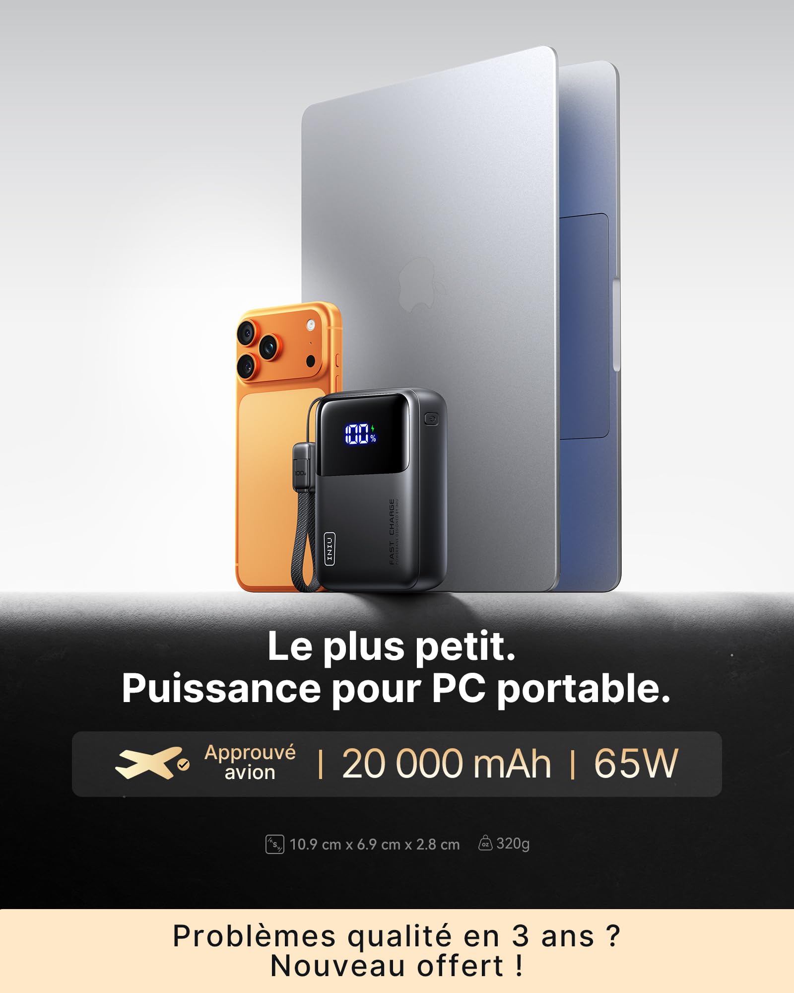 INIU Batterie Externe pour Ordinateur, Compact 65W 20000mAh USBC Power Bank