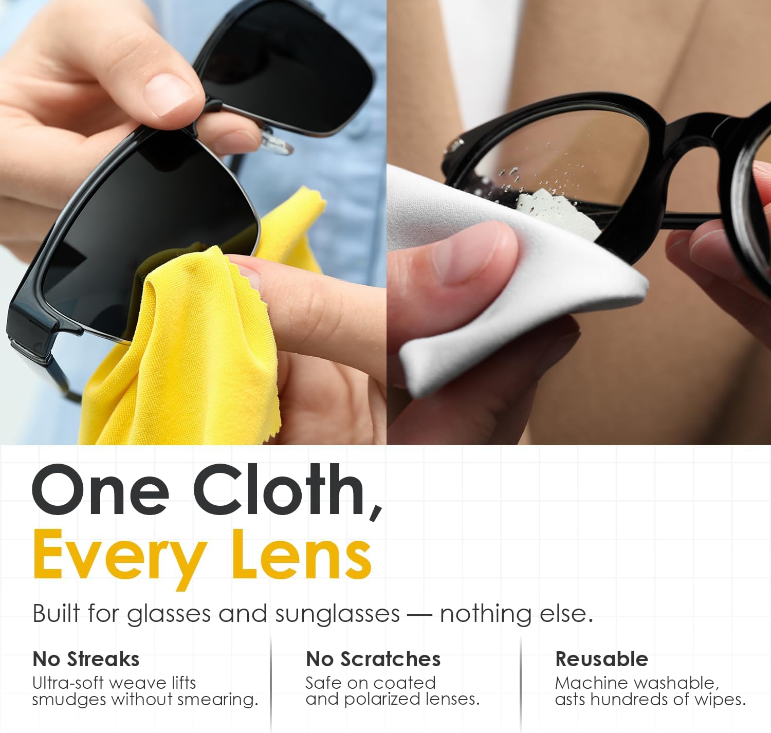 Lens Cloth | 2 × Yellow + 2 × White + 2 x Black Microfiber Cloths | See Crystal Clear | Glasses, Sunglasses & Optical Lenses | Pack of 6 (2 of Each Color)