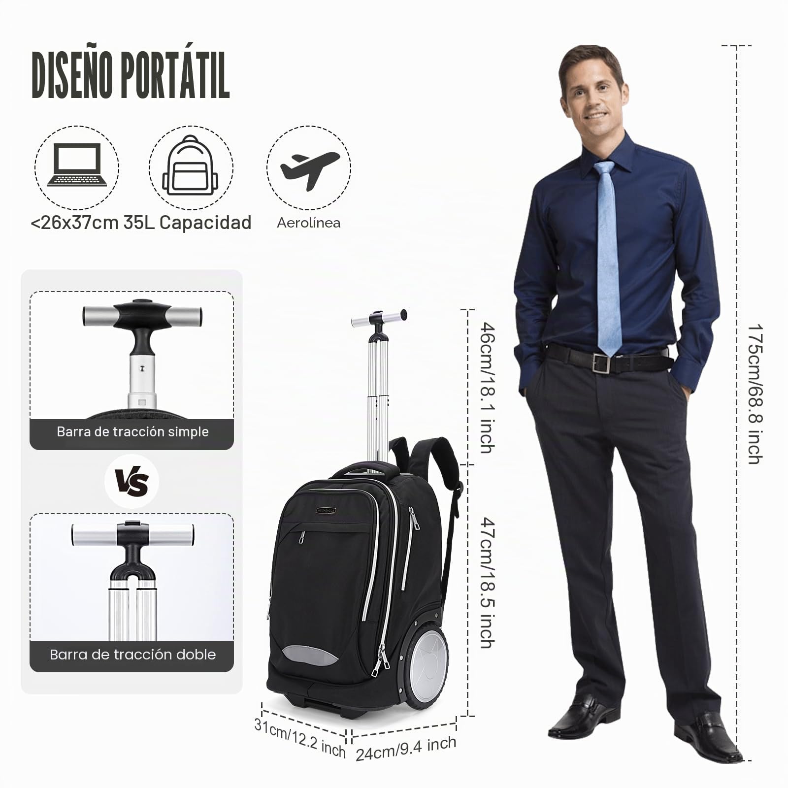 Hivexagon Mochila con Ruedas, Mochila rodante con Ruedas de 7 Pulgadas – Mango telescópico Reforzado, Compartimento para Laptop, Ideal para Negocios y Viajes – Negra