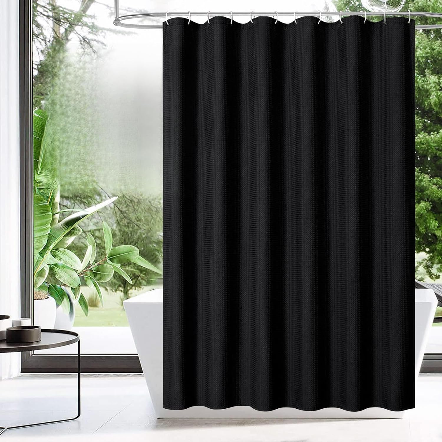 MitoVilla Black Waffle Shower Curtain Sets with Hooks, Modern Metal Shower Curtain Rings for Bathroom Decor Accessories, Abstract Bath Curtian 72" W x 84" L, Set of 12 Rings