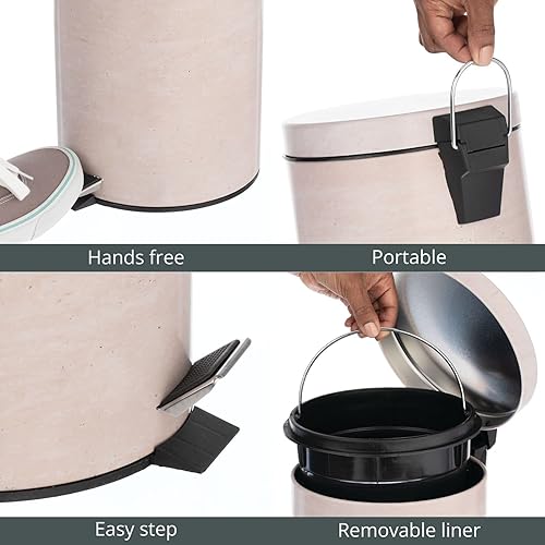 Miniatura 5 de mDesign Cubo de basura pequeño y moderno de 1.3 galones, redondo con tapa de metal, compacto con cubo extraíble y asa para baño, cocina, sala de