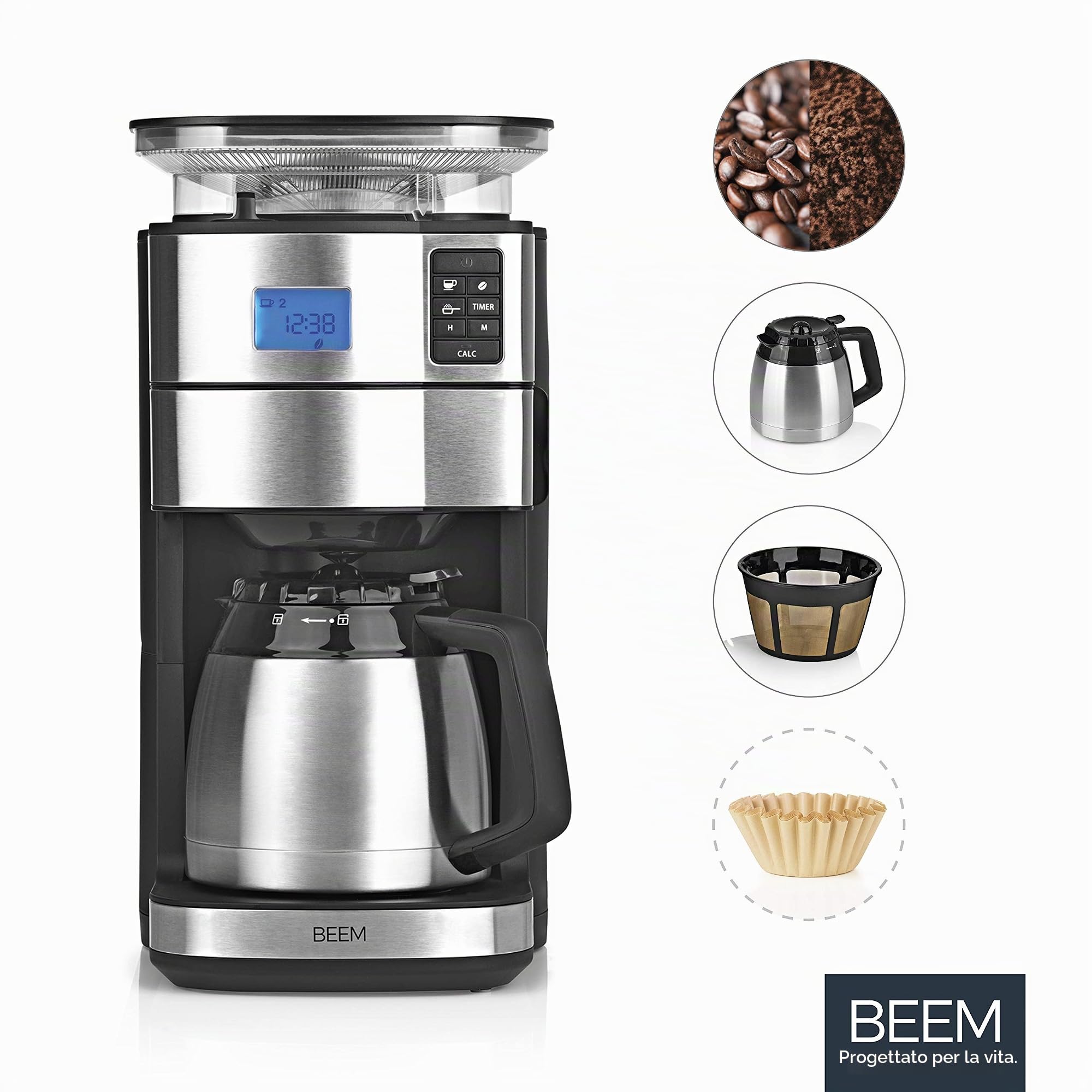 Caffettiera filtrante BEEM FRESH-AROMA-PERFECT II con macinacaffè - Thermo | in acciaio inox | caraffa termica | 24h-timer | 1000 W | contenitore per caffè in grani da 180 g