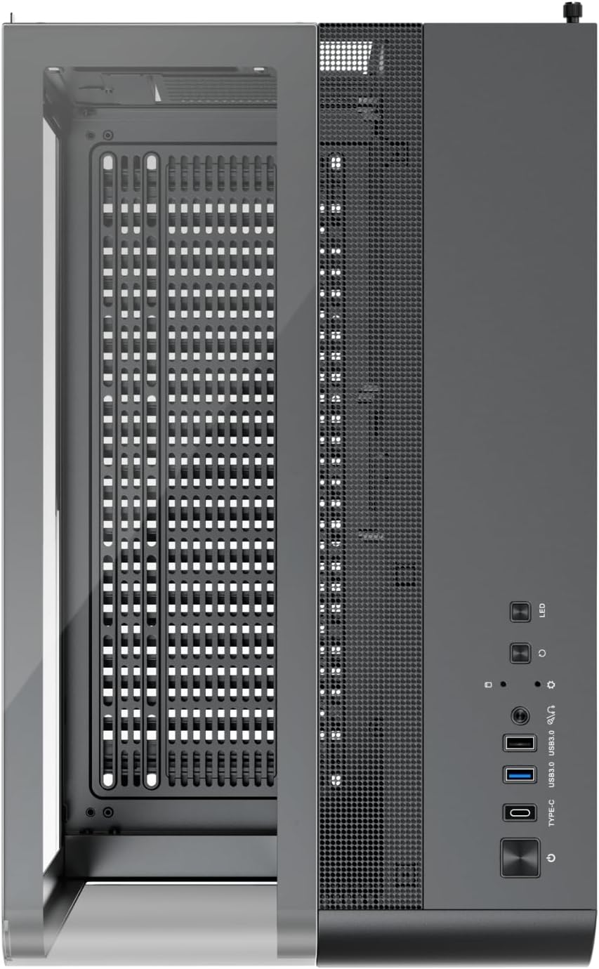 Close-up of the top I/O panel of the RT7 case, showing USB ports, audio jacks, and control buttons.