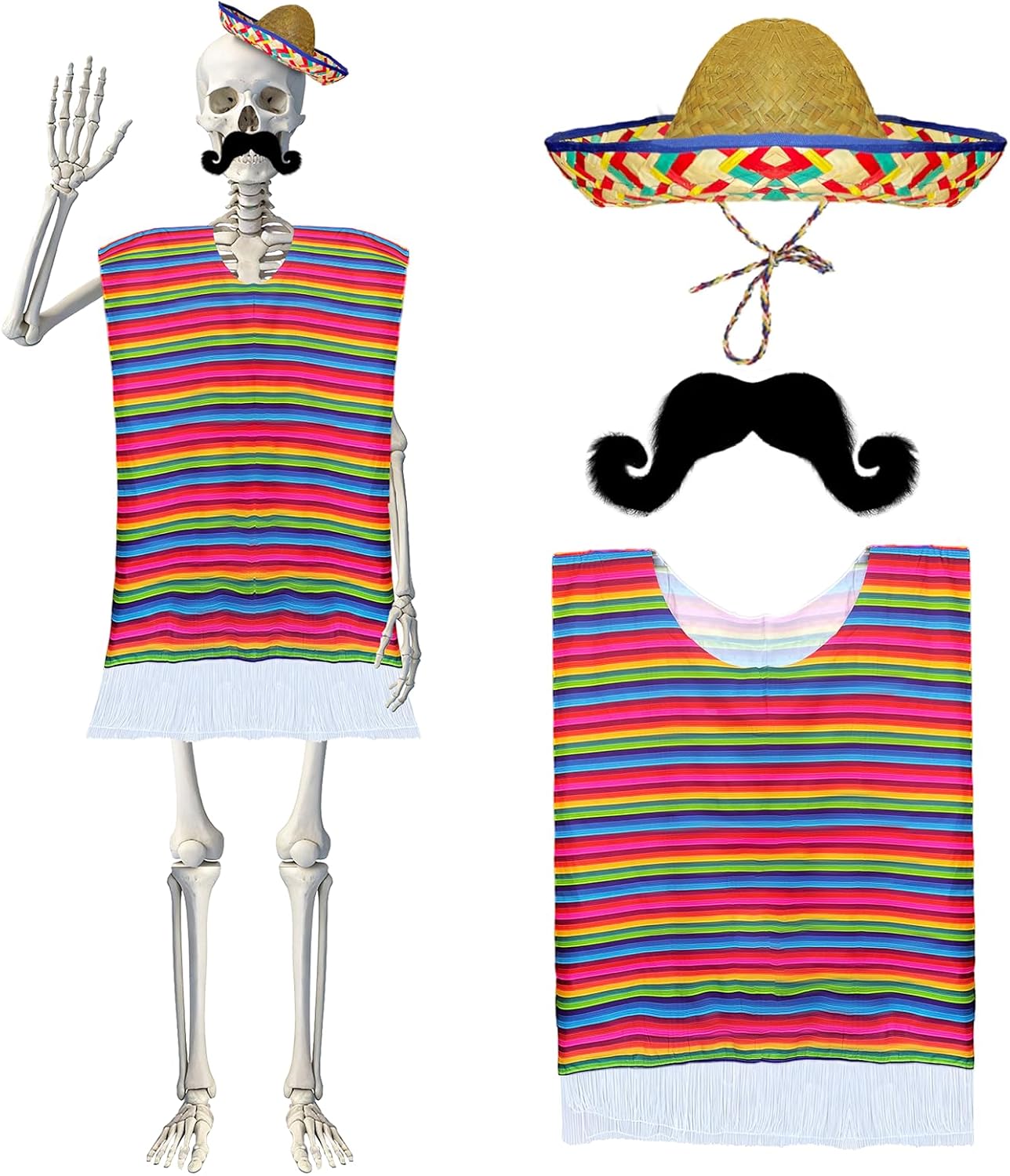 12 ft Mexican Giant Skull Costume 3 Pcs Mexican Skeleton Costume Accessories Include Poncho Sombrero Beard for Cinco De Mayo Costume Skeleton Clothing Cosplay Party Supplies Spring Lawn Outdoor Decors