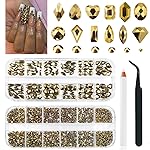 qiipii Old Golden Nail Rhinestones 120 Multi Shapes Flatback Gems K9 Glass Stones Metallic Gold Round Beads Diamonds Jewels Crystals w Pick Pen Charms for Nails Faces Eyes Makeup Crafts Clothes Shoes