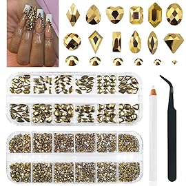 qiipii Old Golden Nail Rhinestones 120 Multi Shapes Flatback Gems K9 Glass Stones Metallic Gold Round Beads Diamonds Jewels Crystals w Pick Pen Charms for Nails Faces Eyes Makeup Crafts Clothes Shoes