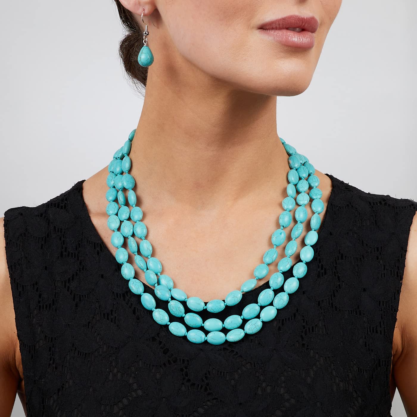 Treasure Bay Handgefertigte dreireihige Türkis-Edelstein-Perlen-Halskette, Geschenk für Mutter, Ehefrau, Weihnachten, Geburtstagsgeschenk für Damen (Blau-Türkis)