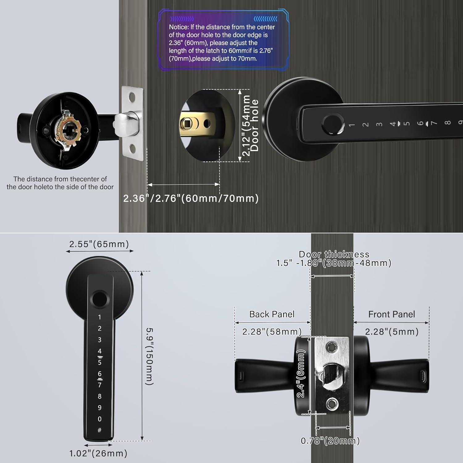 Diagram showing door measurements and lock dimensions