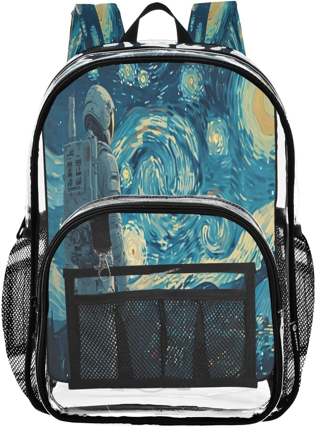 Starry Night Astronaut Clear Backpack Heavy Duty See Through Transparent PVC BookBag for Kids Boy Girl Adult School Work