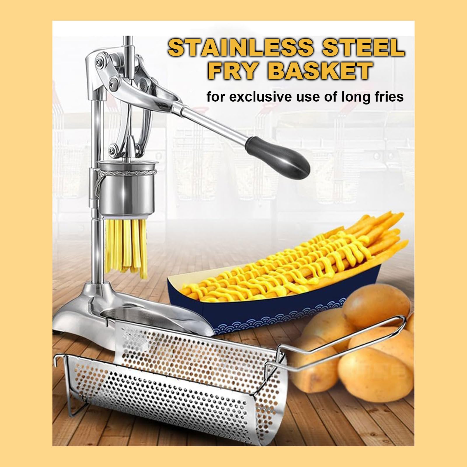 Prensa de patatas fritas de acero inoxidable de 30 cm con cesta a juego para cocinas comerciales