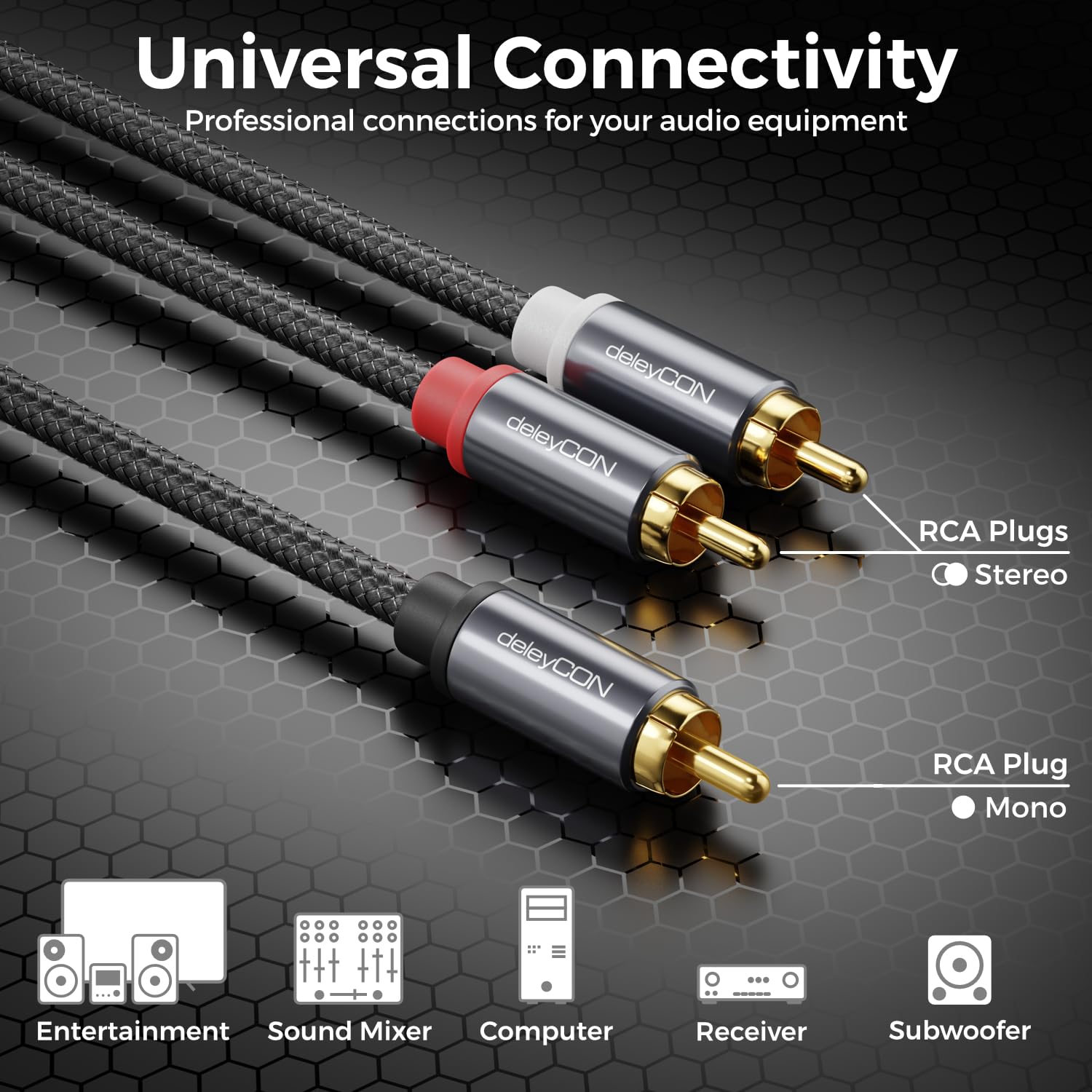 deleyCON 3,0m Kabel Cinch do Subwoofera RCA Mono na Stereo OFC Miedź Podwójnie Ekranowany Pozłacany do HiFi, Miksera, DJ, Głośników, Kina Domowego - Czarny