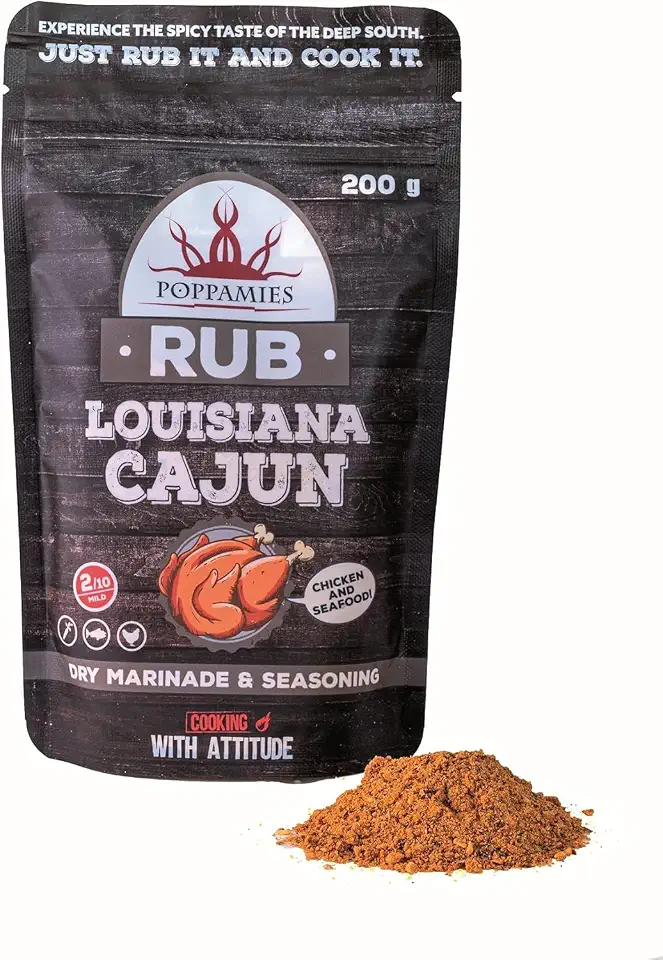 Shrimps im bunten Cajun-Style 7 Poppamies Louisiana Cajun BBQ Rub - 100% natürliches BBQ-Gewürz - Trockene Marinade & Gewürze. Besonders geeignet für Huhn und Meeresfrüchte - Ideal für Grill, Ofen, Kochtopf - Große Packung (200g)