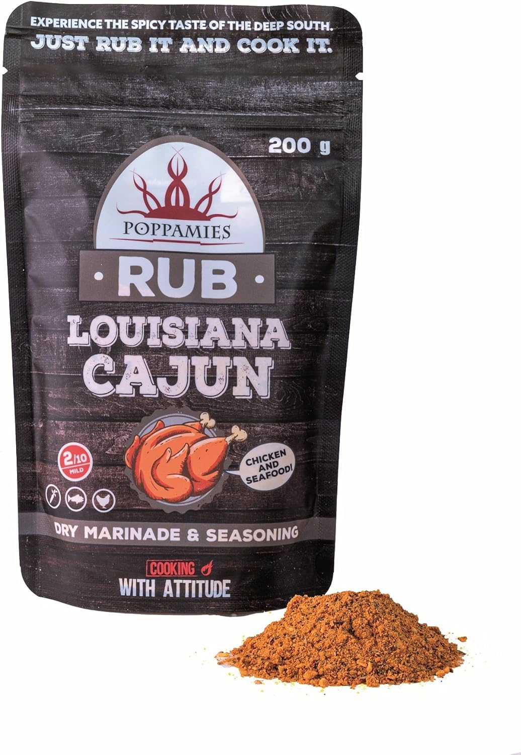 Poppamies Louisiana Cajun BBQ Rub - 100% natürliches BBQ-Gewürz - Trockene Marinade & Gewürze. Besonders geeignet für Huhn und Meeresfrüchte - Ideal für Grill, Ofen, Kochtopf - Große Packung (200g)
