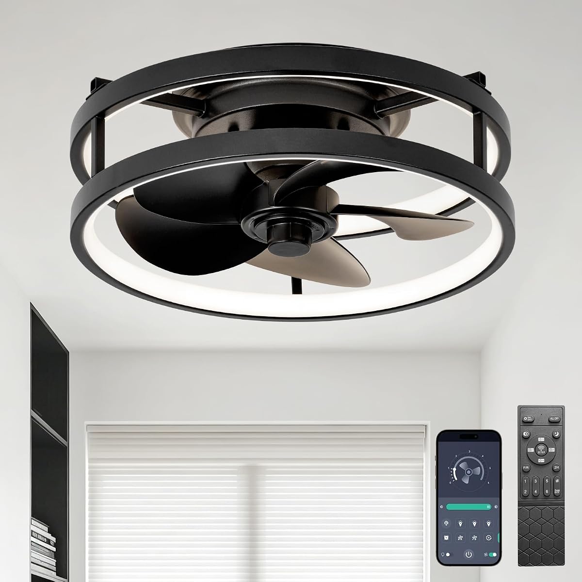 13" Small Low Profile Ceiling Fan with Light Remote Black | Flush Mount Fandelier Dimmable 3CCT LED with Dual Rings Quiet DC Motor 6 Speeds App Control Bedroom, Kitchen, Kids Room